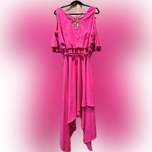 LANE BRYANT HOT PINK COLD SHOULDER DRESS with ASYMETRICAL HEM, NWT